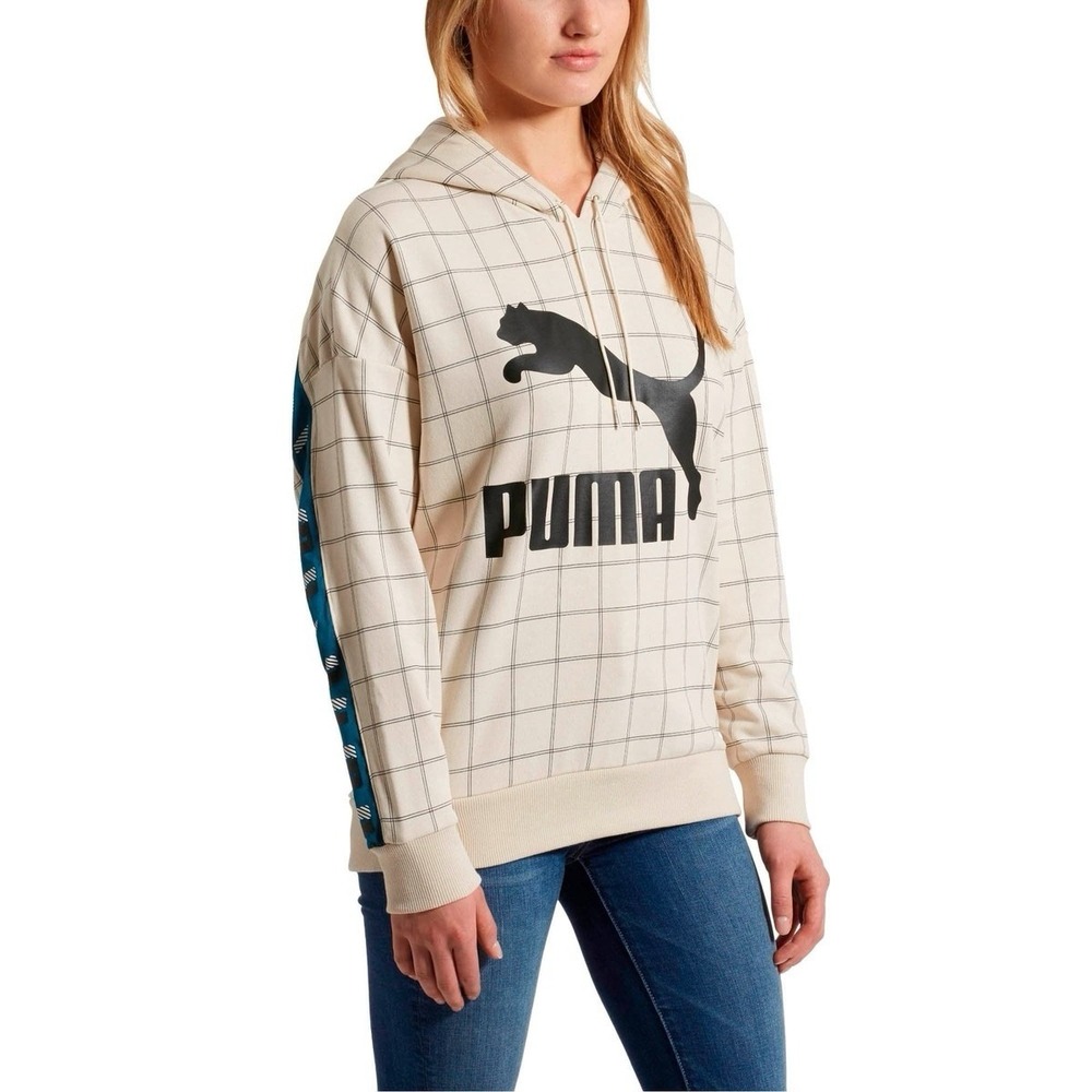 [578339-02] Puma Womens Med Cream Black Revolt Checkered Logo‎ Hooded Sweatshirt